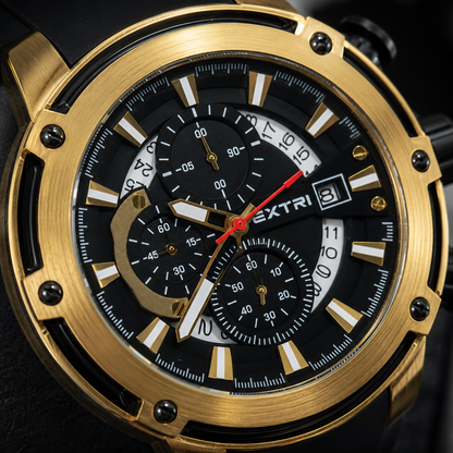 EXTRI Men's Luxury Quartz Watch – Gold Case, Black Silicone Band | ساعة EXTRI رجالية كوارتز فاخرة بإطار ذهبي وسوار سيليكون أسود