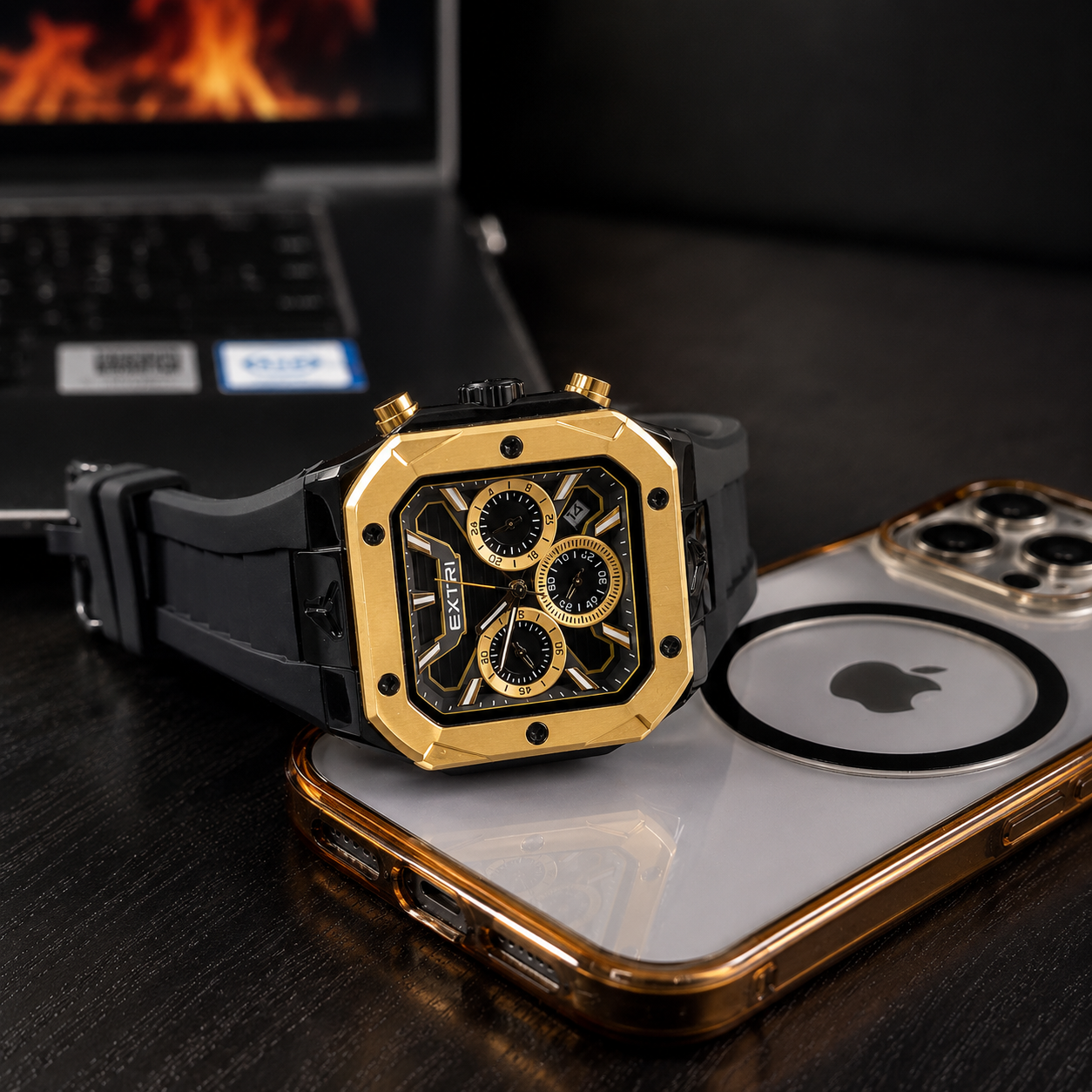 EXTRI Gold Edition Chronograph Octagon Watch| الدفع عند الاستلام | شحن مجاني