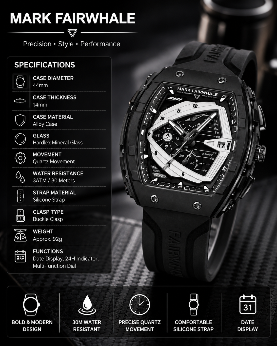 Mark Fairwhale FW-5690 Premium Sports Watch – Black Edition | ساعة مارك فيرويل الرياضية الفاخرة – الإصدار الأسود