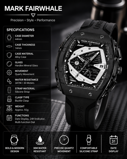 Mark Fairwhale FW-5690 Premium Sports Watch – Black Edition | ساعة مارك فيرويل الرياضية الفاخرة – الإصدار الأسود