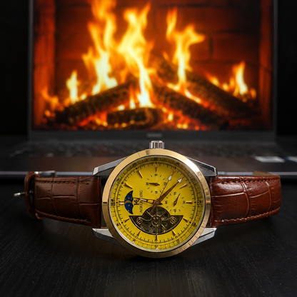 AOKULASIC Automatic Skeleton Watch for Men | Brown Leather Strap | Moon Phase | Luxury Mechanical Style | ساعة رجالية أوتوماتيكية فاخرة