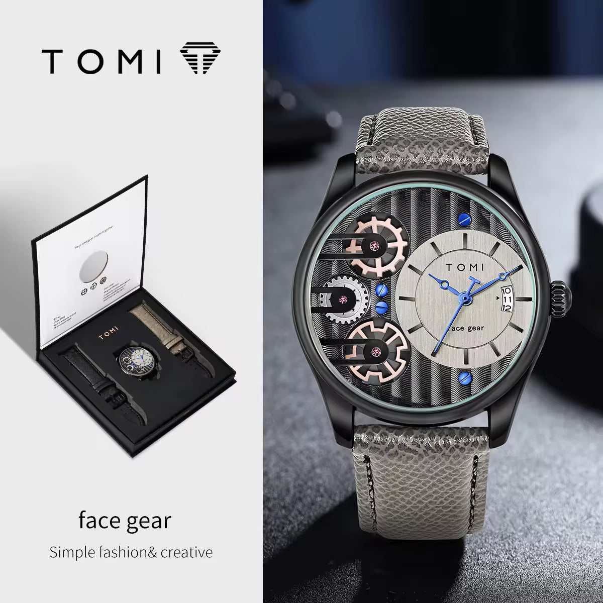 TOMI Men’s Elegant Quartz Watch Set – Leather Strap Luxury Timepiece
