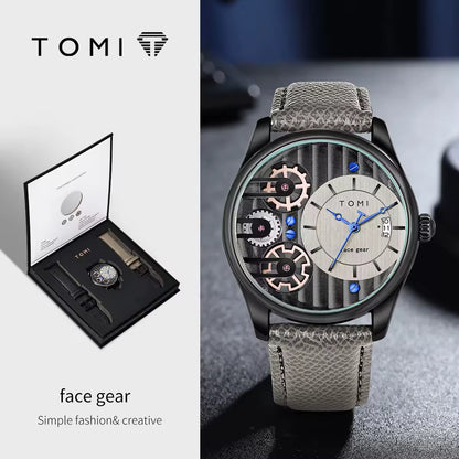 TOMI Men’s Elegant Quartz Watch Set – Leather Strap Luxury Timepiece