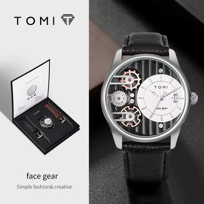 TOMI Men’s Elegant Quartz Watch Set – Leather Strap Luxury Timepiece