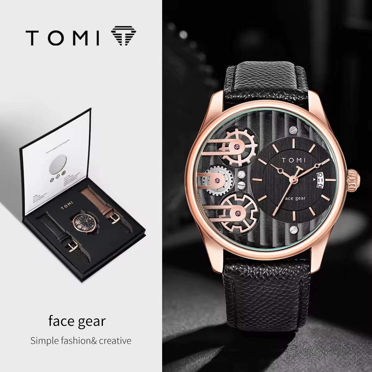 TOMI Men’s Elegant Quartz Watch Set – Leather Strap Luxury Timepiece