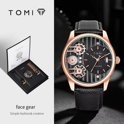 TOMI Men’s Elegant Quartz Watch Set – Leather Strap Luxury Timepiece