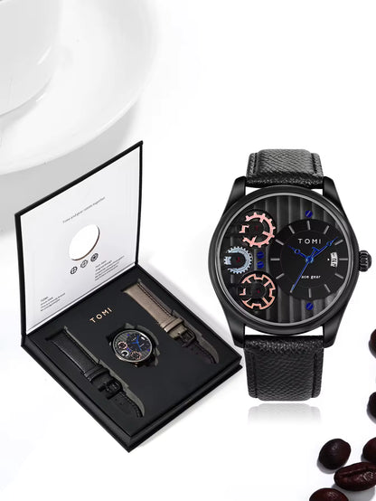 TOMI Men’s Elegant Quartz Watch Set – Leather Strap Luxury Timepiece