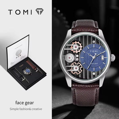 TOMI Men’s Elegant Quartz Watch Set – Leather Strap Luxury Timepiece