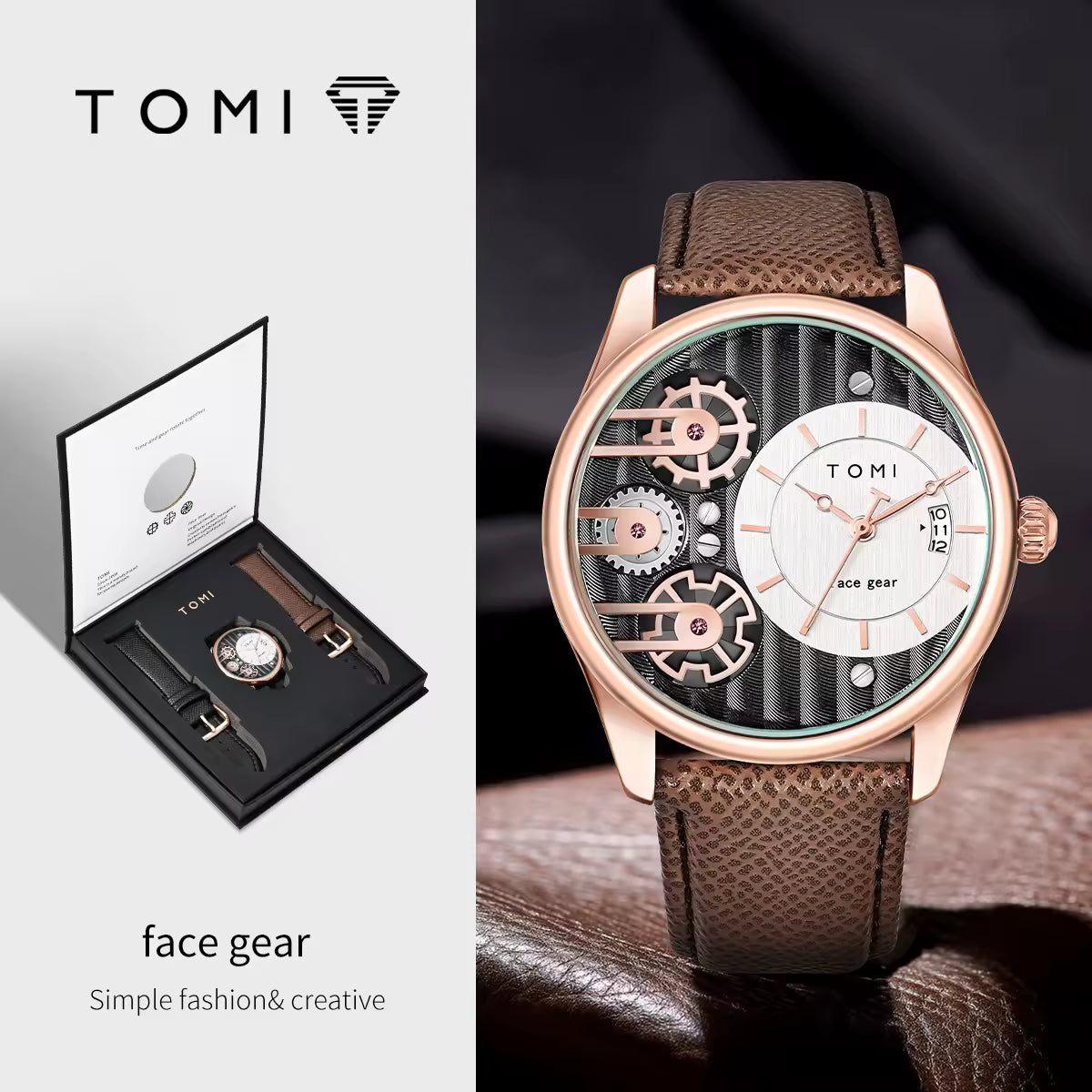 TOMI Men’s Elegant Quartz Watch Set – Leather Strap Luxury Timepiece