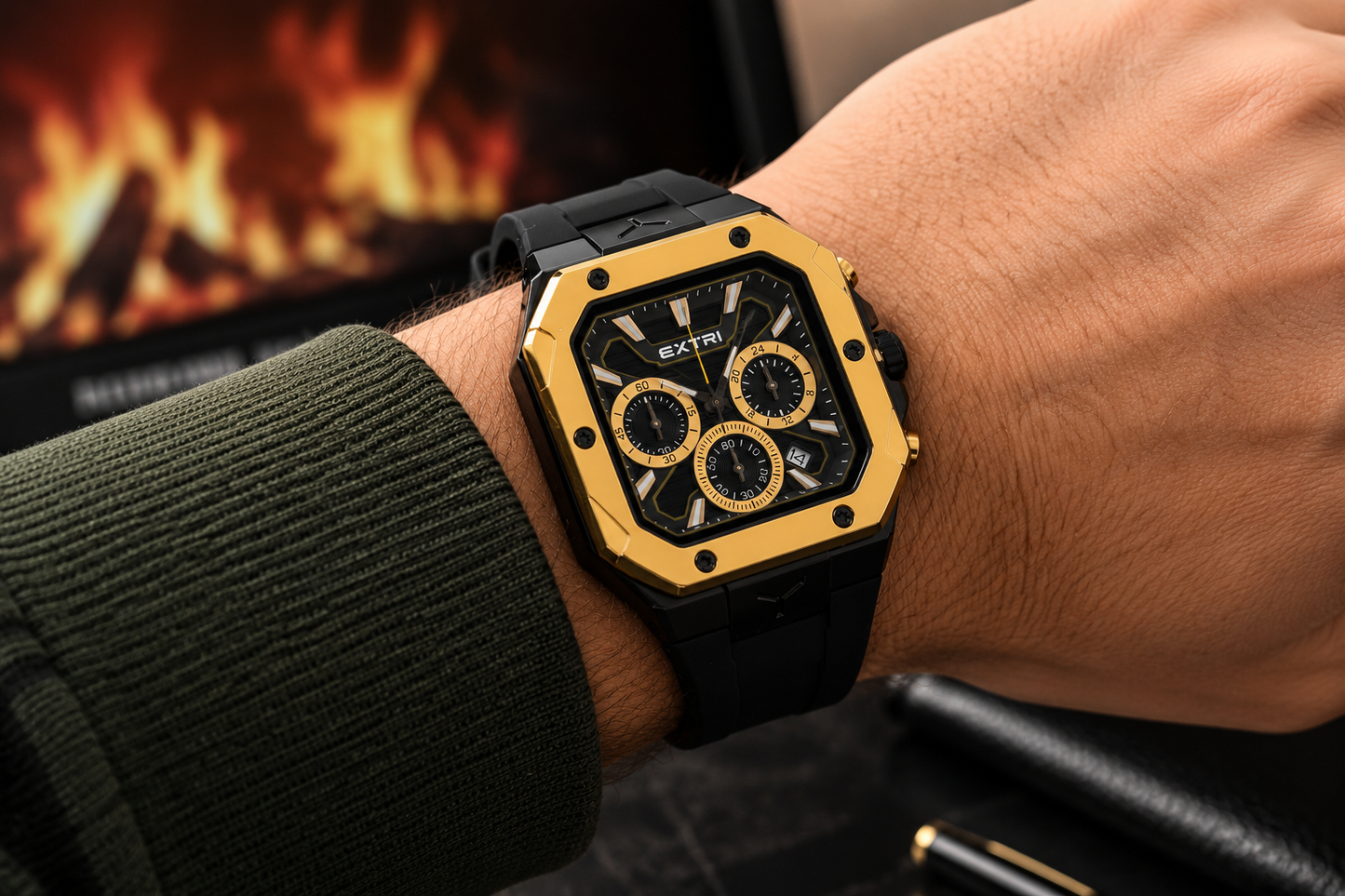 EXTRI Gold Edition Chronograph Octagon Watch| الدفع عند الاستلام | شحن مجاني