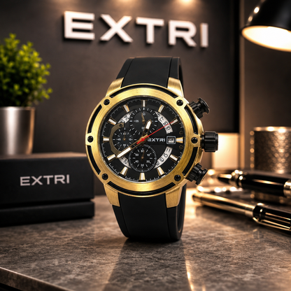 EXTRI Men's Luxury Quartz Watch – Gold Case, Black Silicone Band | ساعة EXTRI رجالية كوارتز فاخرة بإطار ذهبي وسوار سيليكون أسود
