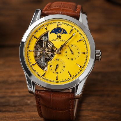 AOKULASIC Automatic Skeleton Watch for Men | Brown Leather Strap | Moon Phase | Luxury Mechanical Style | ساعة رجالية أوتوماتيكية فاخرة