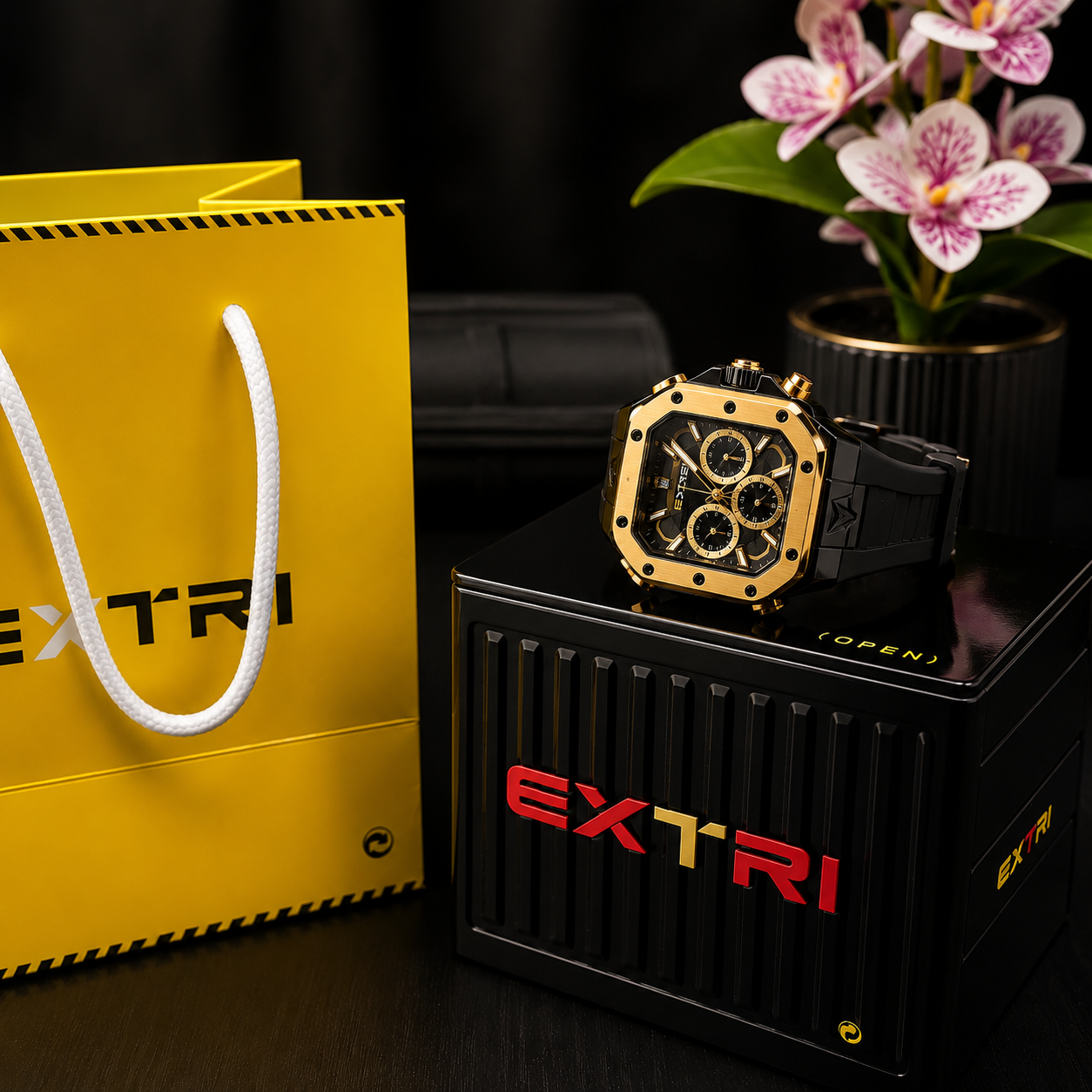 EXTRI Gold Edition Chronograph Octagon Watch| الدفع عند الاستلام | شحن مجاني