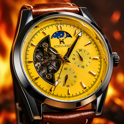 AOKULASIC Automatic Skeleton Watch for Men | Brown Leather Strap | Moon Phase | Luxury Mechanical Style | ساعة رجالية أوتوماتيكية فاخرة