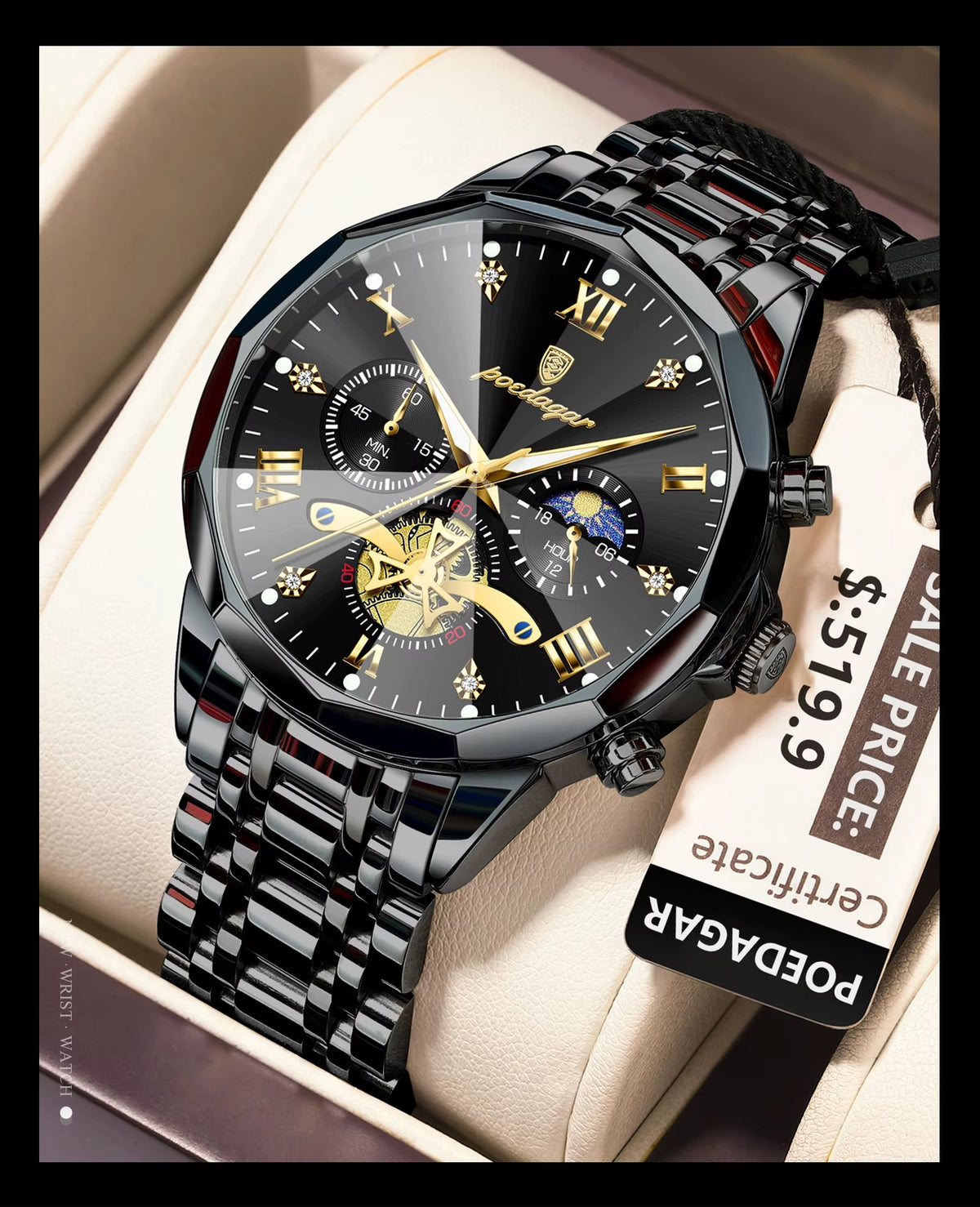 POEDAGAR 938 Night King - ساعة بويداجار الفاخرة | All Black Business Chronograph