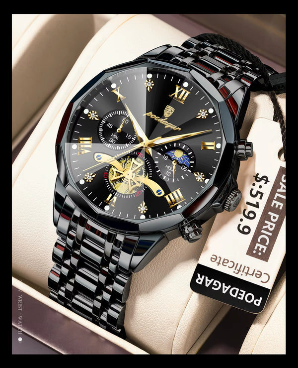 POEDAGAR 938 Night King - ساعة بويداجار الفاخرة | All Black Business Chronograph