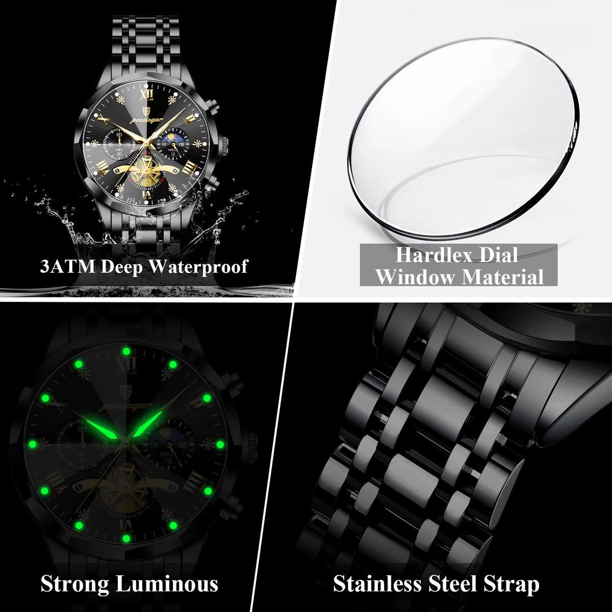 POEDAGAR 938 Night King - ساعة بويداجار الفاخرة | All Black Business Chronograph
