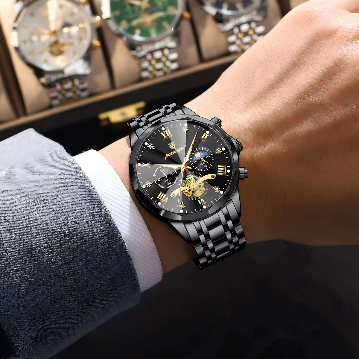 POEDAGAR 938 Night King - ساعة بويداجار الفاخرة | All Black Business Chronograph